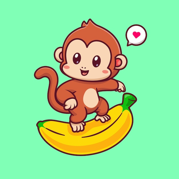 Cute Monkey Surfing With Banana Cartoon Vector Icon Illustration. Animal Nature Icon Isolated