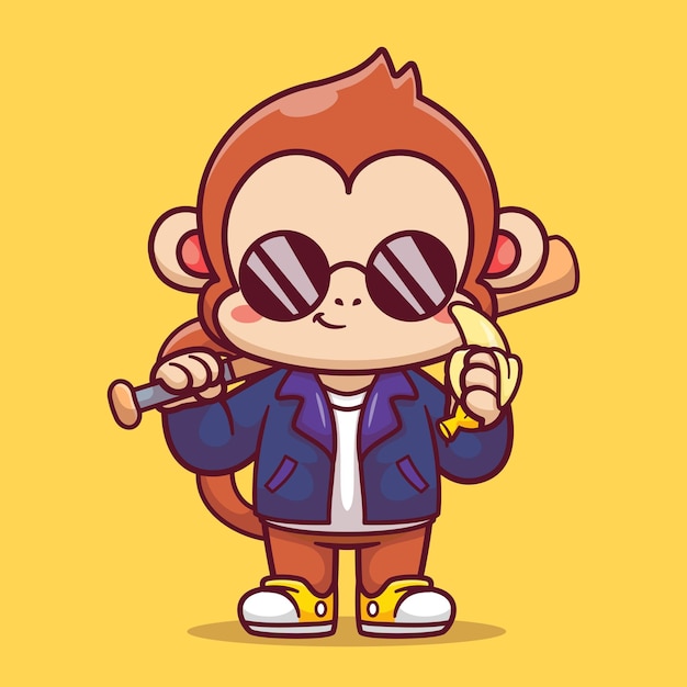 Cute Monkey With Baseball Bat With Jacket And Banana Cartoon Vector Icon Illustration Animal Nature