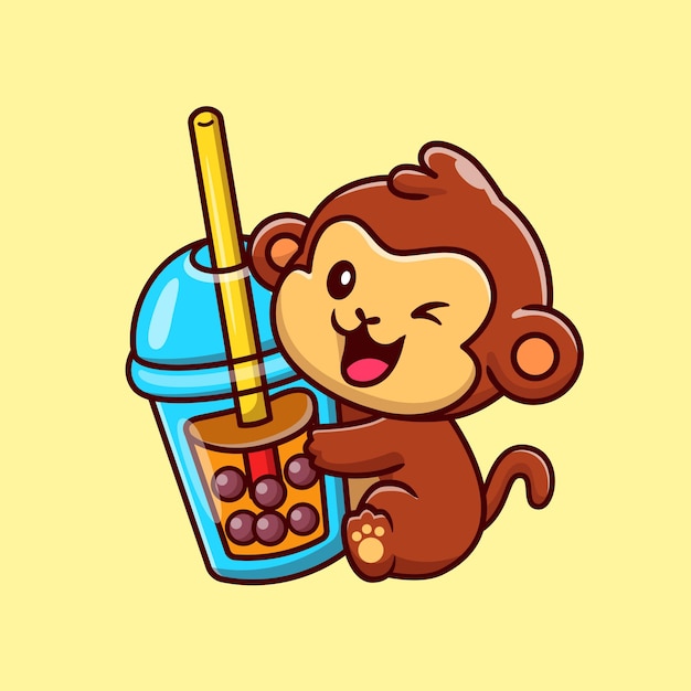 Cute Monkey With Boba Milk Tea Cartoon Vector Icon Illustration. Animal Drink Icon Concept Isolated Premium Vector. Flat Cartoon Style