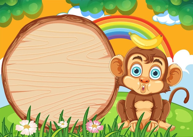 Free vector cute monkey with empty wooden board