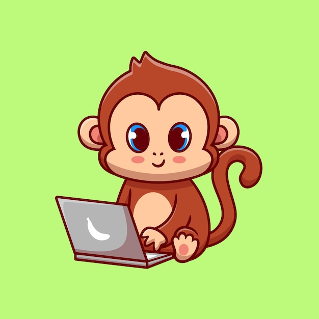 Милая обезьяна работает на ноутбуке