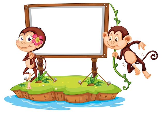Free vector cute monkeys with blank board on white background