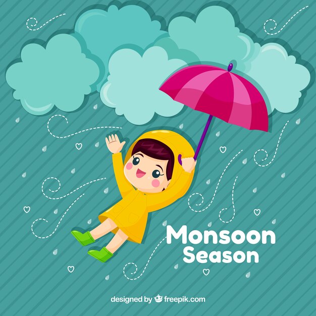 Cute monsoon background with kid and umbrella