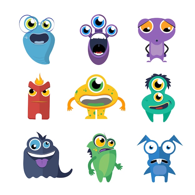 Cute monsters vector set in cartoon style. Alien cartoon character, creature collection fun illustration