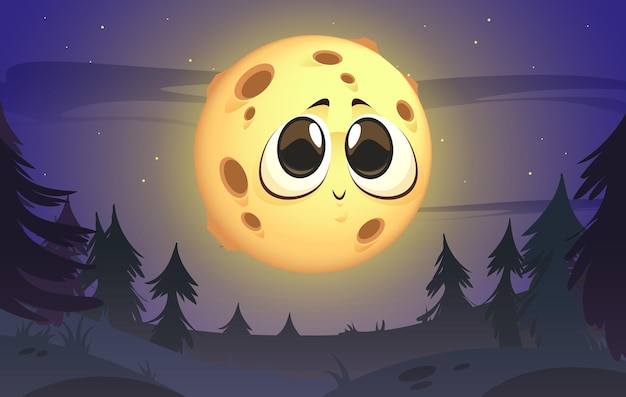 Vector Cartoon Illustration of Cute Moon Character in Night Sky with Stars and Dark Forest Landscape