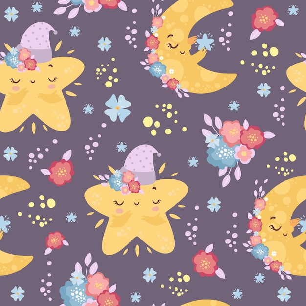 Cute moon and stars seamless pattern in colors.