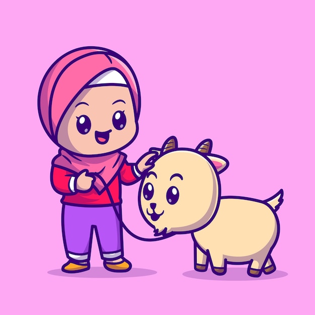 Cute Moslem Girl With Goat Cartoon Vector Icon Illustration. People Animal Icon Concept Isolated Premium Vector. Flat Cartoon Style