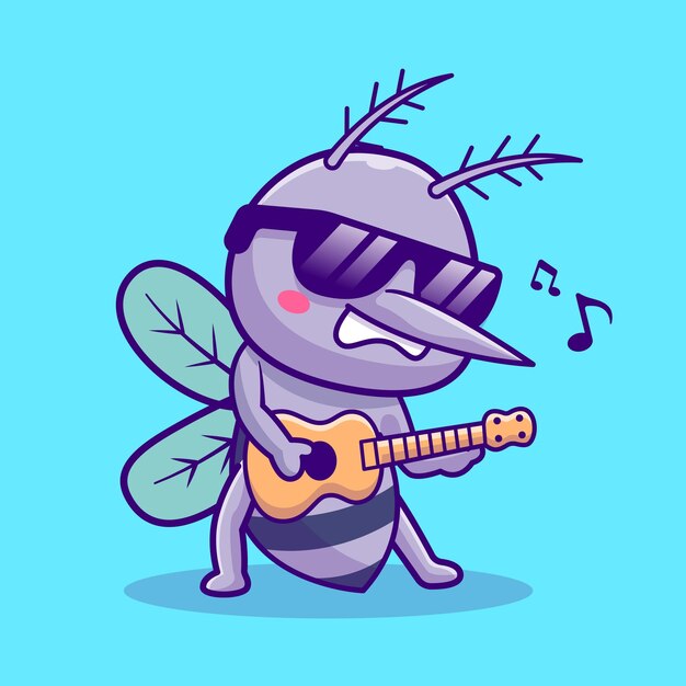Cute Mosquito Playing Guitar Cartoon Vector Icon Illustration Animal Music Icon Concept Isolated