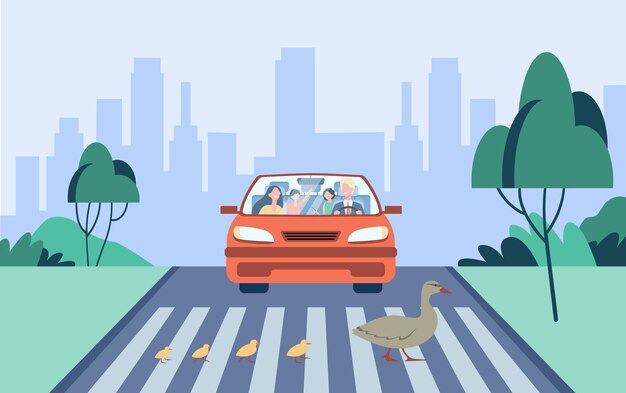 Free vector cute mother duck with kids crossing road