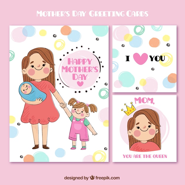 Free vector cute mother's day greeting cards in hand-drawn style