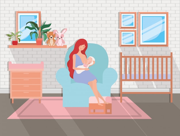 Cute mother with newborn  baby in livingroom