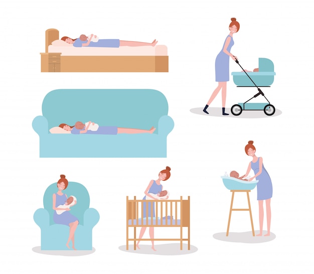 Free vector cute mother with newborn  baby set activities