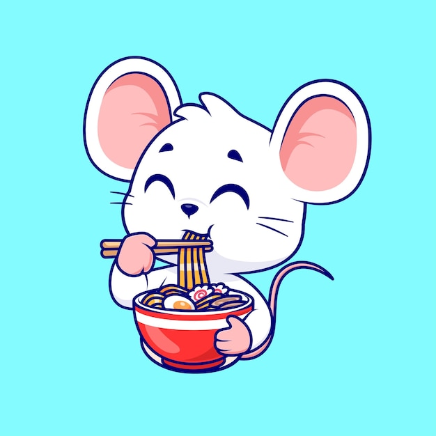 Free vector cute mouse eating ramen noodle cartoon vector icon illustration animal food icon concept isolated