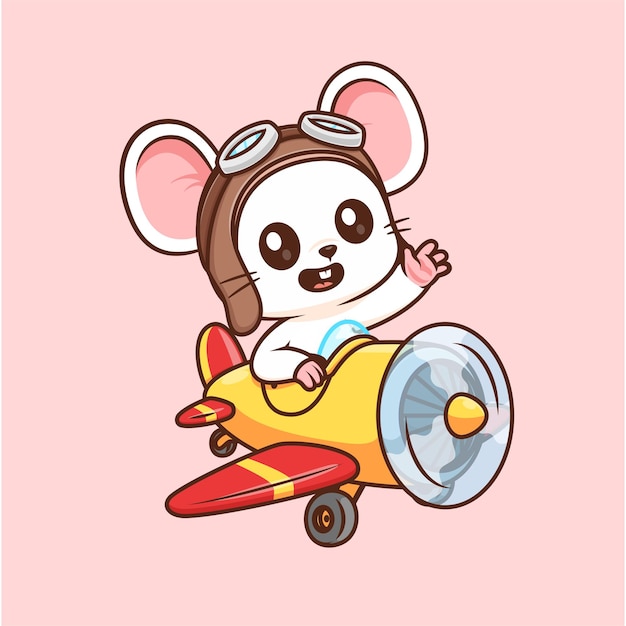 Free vector cute mouse pilot riding plane cartoon vector icon illustration animal transportation isolated flat