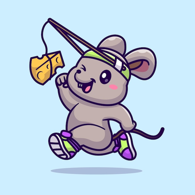 Cute mouse run chasing cheese cartoon vector icon illustration concetto di icona sport animale isolato