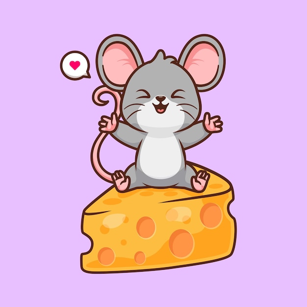 Simpatico mouse seduto sull'icona del vettore del fumetto di formaggio. concetto di icona di cibo animale isolato