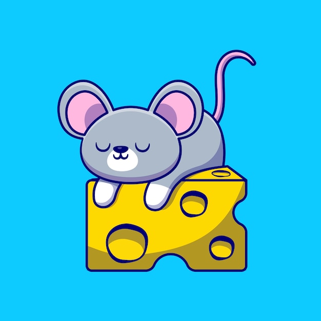 Симпатичная мышь, спать на иллюстрации шаржа сыр. Концепция животного питания изолированные плоский мультфильм