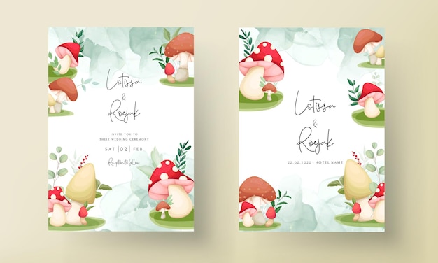 귀여운 버섯과 나뭇잎 손으로 그리기 초대 카드 서식 파일