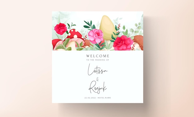 cute mushroom and floral pink wedding invitation