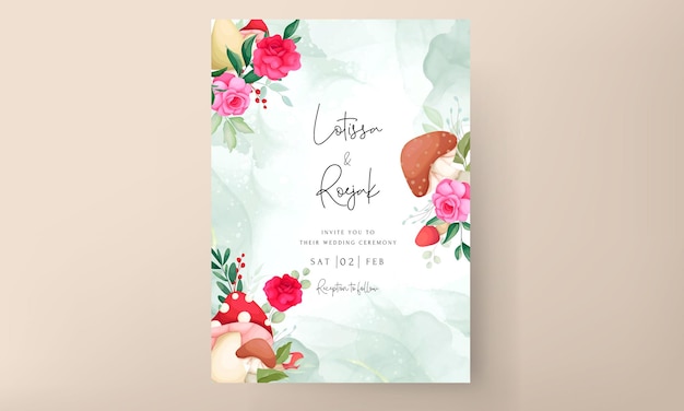 cute mushroom and floral pink wedding invitation