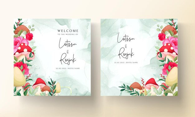 cute mushroom and floral pink wedding invitation