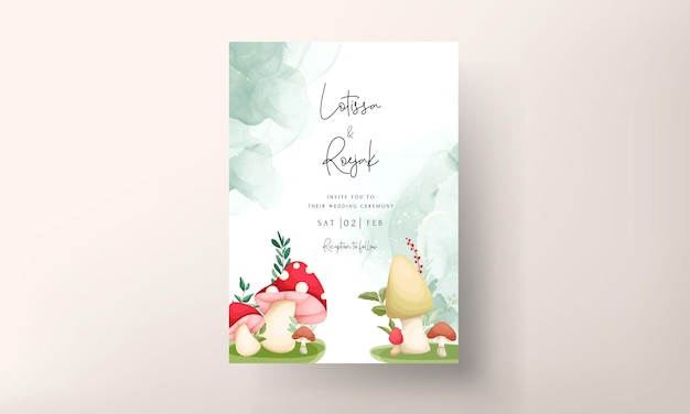 Free vector cute mushroom and leaves hand drawing invitation card template