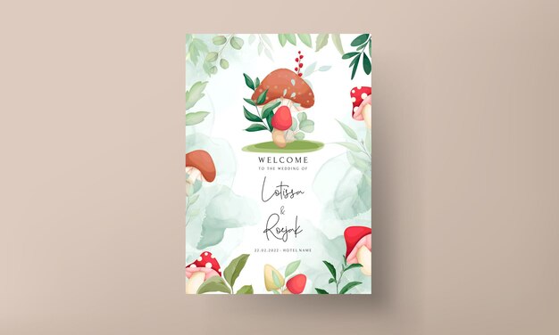 Free vector cute mushroom and leaves hand drawing wedding invitation card