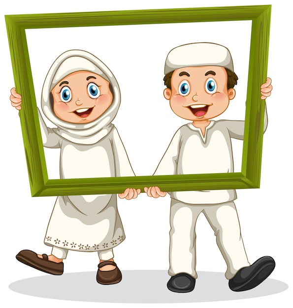 Free vector cute muslim boy and girl photo on wooden frame