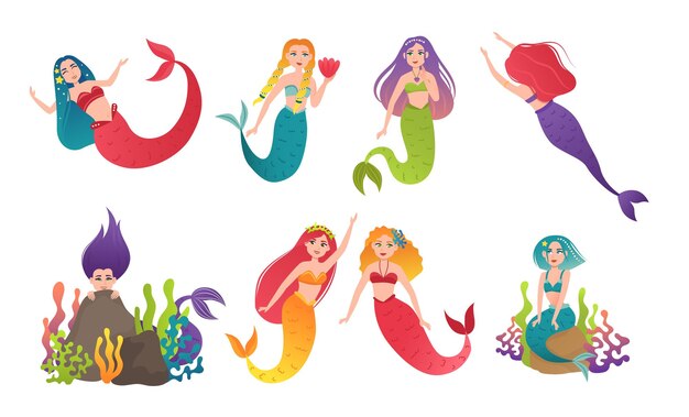 Cute mythical princess and corals with seaweed underwater on white background. Mermaids cartoon vector illustration set. Fairytale female characters with colorful hair in different poses and emotions