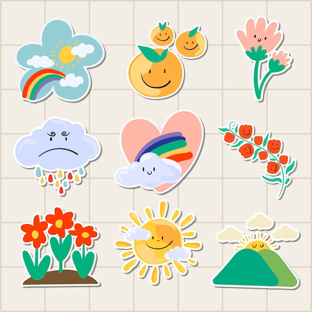 Free vector cute natural doodle sticker set on a grid background vector