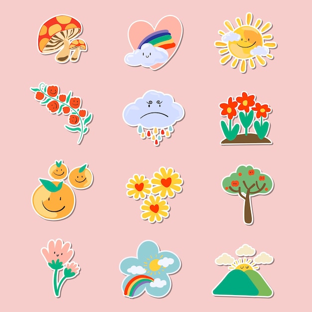 Cute natural doodle sticker set on a pink background