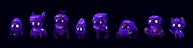 Free vector cute neon dark ai robot bot mascot cartoon vector set futuristic purple character evolution with artificial intelligence technology smart and creative chatbot android companion for internet service