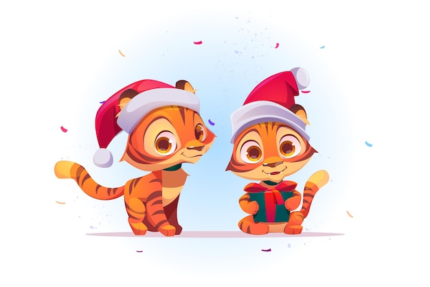 Бесплатное векторное изображение Милый новогодний мультяшный тигр в шапке санта-клауса