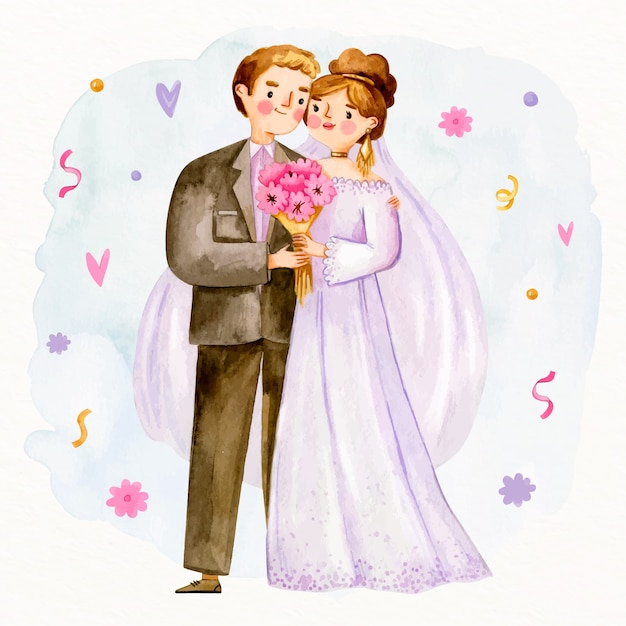 귀여운 신혼 부부와 꽃의 꽃다발