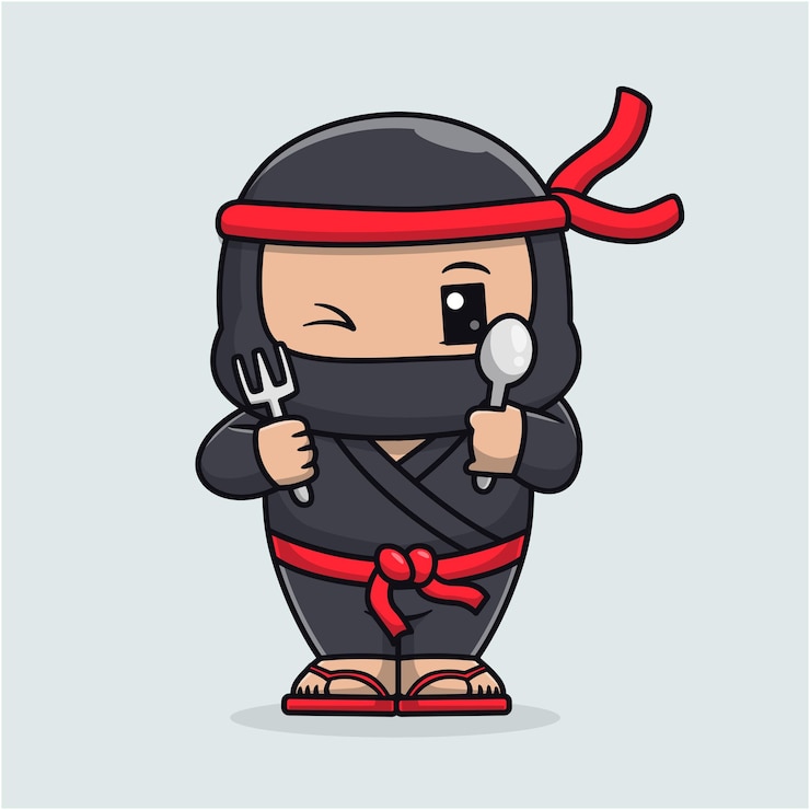 무료 Vector 귀여운 닌자 포크와 <unk>을 들고 있는 만화  ⁇ 터 아이콘 일러스트레이션 휴일 물체 아이콘 고립된 평평