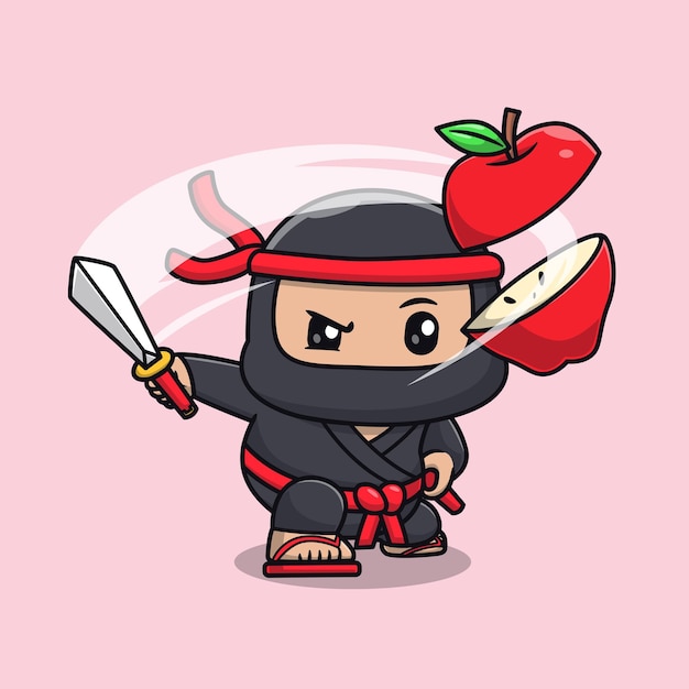 Cute ninja slash apple with sword cartoon vector icon illustration people holiday icon isolated