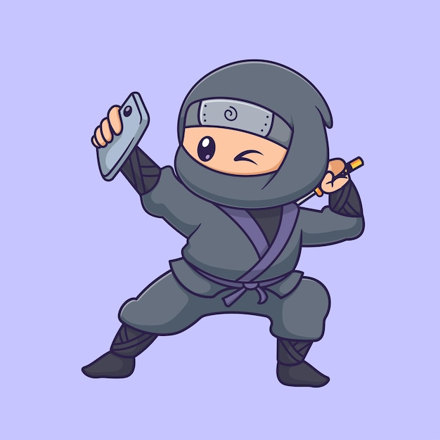 Free vector cute ninja taking selfie with phone cartoon vector icon illustration people technology isolated flat