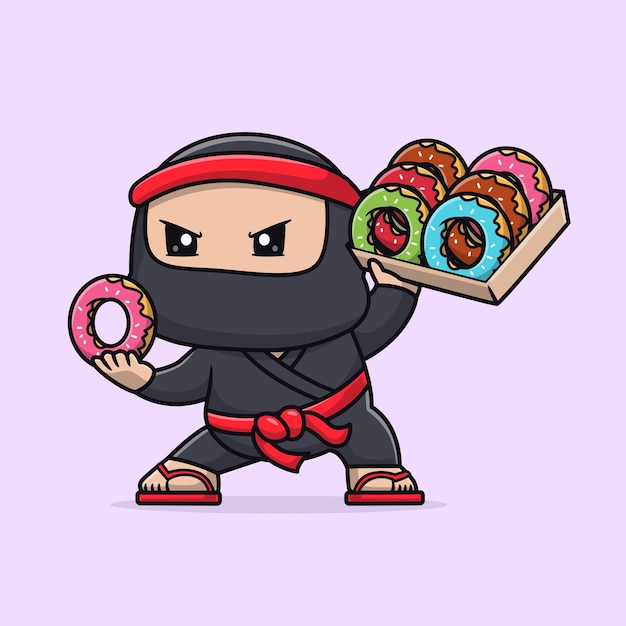 Vettore gratuito ninja carino con ciambella in scatola cartone animato icona vettoriale illustrazione persone cibo icona concetto isolato piatto