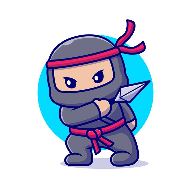 Cute Ninja With Kunai Cartoon. Flat Cartoon Style