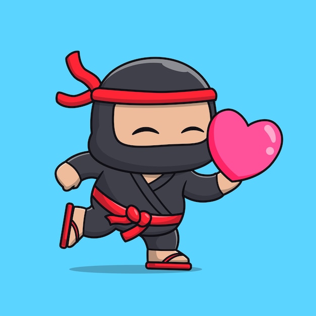 Cute ninja with love heart balloon cartoon vector icon illustration people holiday icon isolated