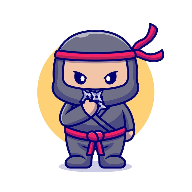 Cute Ninja With Shuriken Cartoon. Flat Cartoon Style