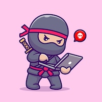 Cute ninja working on laptop cartoon vector icon illustration people technology icon isolated flat