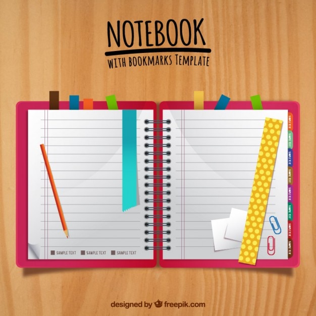 Free vector cute notebook with colored bookmarks