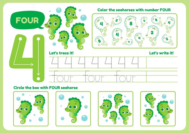 Cute number four worksheet for children