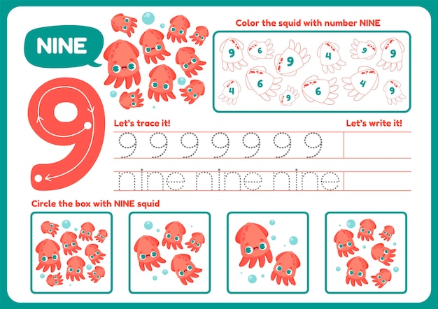 cute number nine worksheet for children