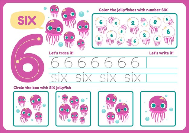 Cute number six worksheet for children