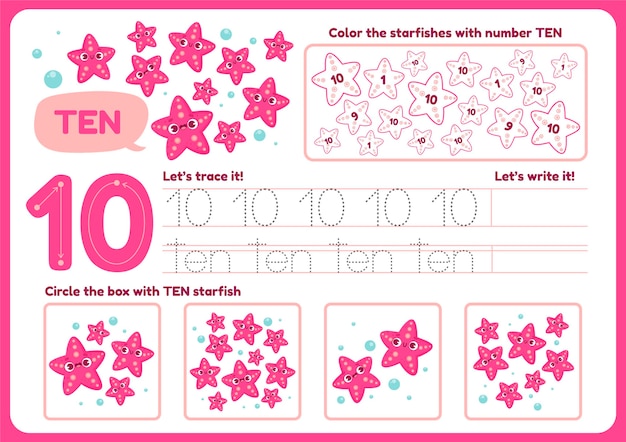 Free vector cute number ten worksheet for children