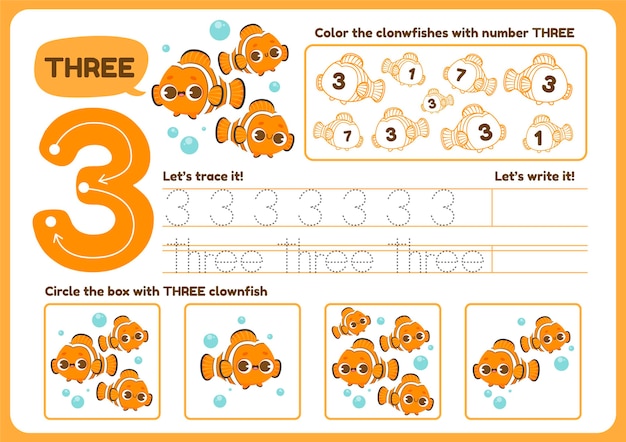 Cute number three worksheet for children