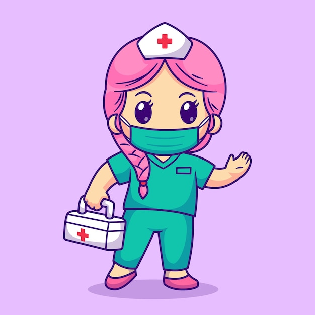 Free vector cute nurse with mask holding first aid box cartoon vector icon illustration. people health isolated