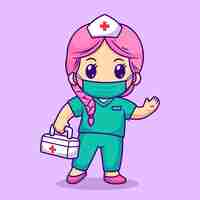 Free vector cute nurse with mask holding first aid box cartoon vector icon illustration. people health isolated